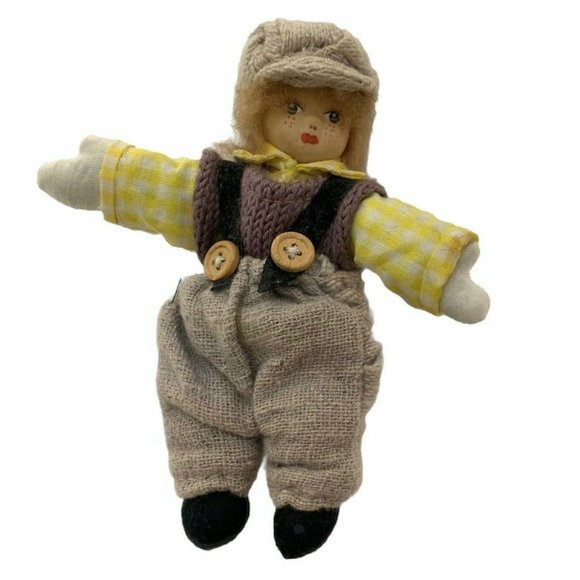 Vintage Doll 6" Small Child Boy Knit Overalls Hat - Picture 1 of 7